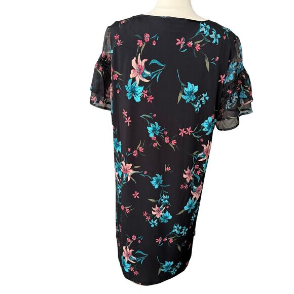 CeCe Expressive Lillies Ruffle Sleeve Mixed Media Black Floral Minidress Sz 1x - Picture 5 of 13